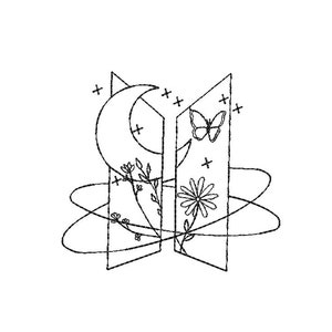 Op de afbeelding: Een zwart-witte lijntekening van het BTS-logo met een halve maan, een vlinder en bloemen in het logo.