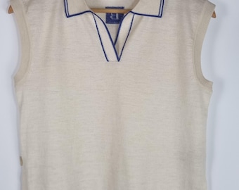 Chaleco de punto 100% cachemir para mujer | Chaleco de punto fino con cuello polo | Color crema con ribete en contraste | Atemporal y elegante | Cachemir de lujo