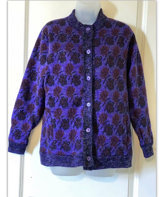 Betabel Purple Roses Button Up Cardigan Metalic T… - image 1