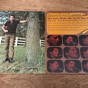 May include: Two vinyl record album covers featuring Jerry Lee Lewis. The left cover shows Lewis standing in a field next to a tree. The right cover shows a collage of photos of Lewis performing with a microphone. The text on the left cover reads "Jerry Lee Lewis Sometimes A Memory Ain't Enough". The text on the right cover reads "Jerry Lee Lewis She Even Woke Me Up To Say Goodbye Featuring: Once More With Feeling "Waiting For A Train" When The Grass Grows Over Ma Since I Met You Baby Brown-Eyed Handsome Man Workin' Man Blues My Only Claim To Fame Wine Me Up You Went Out Of Your Way Echoes".