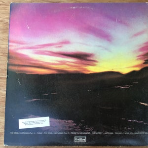 May include: The back cover of a vinyl record featuring a sunset over a mountain range. The record is titled "The Endless Enigma" and includes the tracks "From The Beginning", "The Sheriff", "Hoedown", "Trilogy", "Living Sin", and "Abaddon's Bolero".