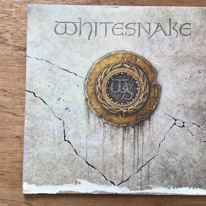 May include: Album cover for Whitesnake, featuring the band's name in a carved, stylized font. A gold-colored emblem with the initials "WS" is centered on a cracked, stone-like background. The overall aesthetic suggests a vintage rock album.