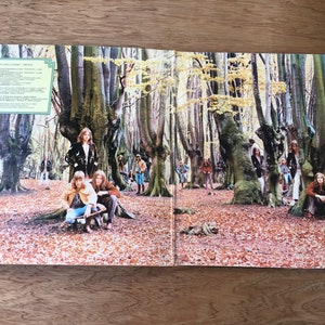 May include: A vintage vinyl record album cover featuring a group of people standing in a woodland. The album cover is titled "Crimson & Clover" by "Tommy James & The Shondells".