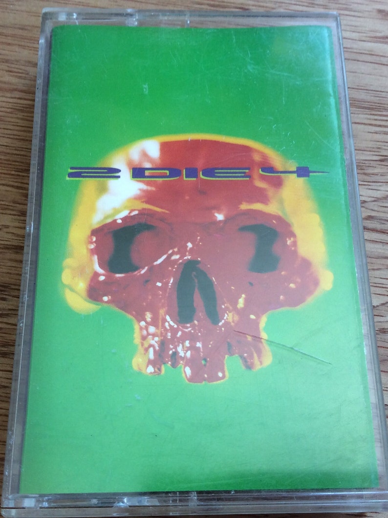 May include: A cassette tape with a green background and a red skull with yellow highlights. The text "2 DIE 4" is printed in purple on the front of the cassette.