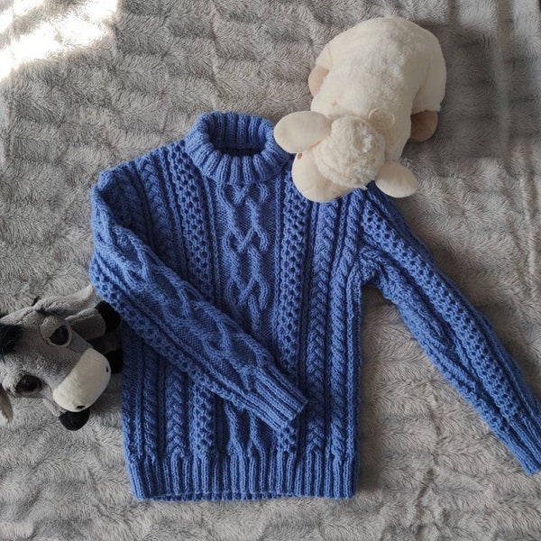 Pull enfant mixte bleu fait main