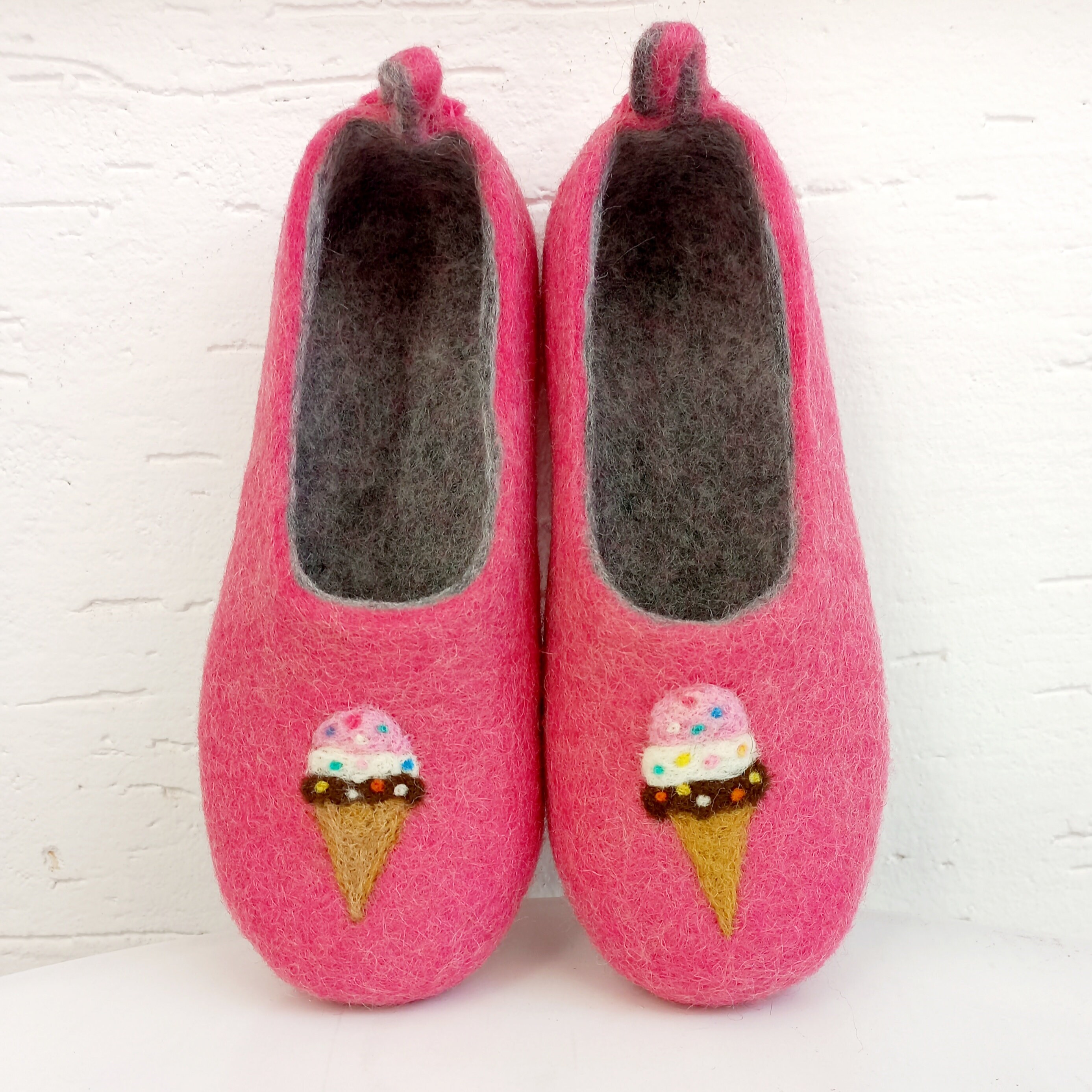 Pink Wool Slippers: Ice Cream Decor, Non-slip Toddler Shoes