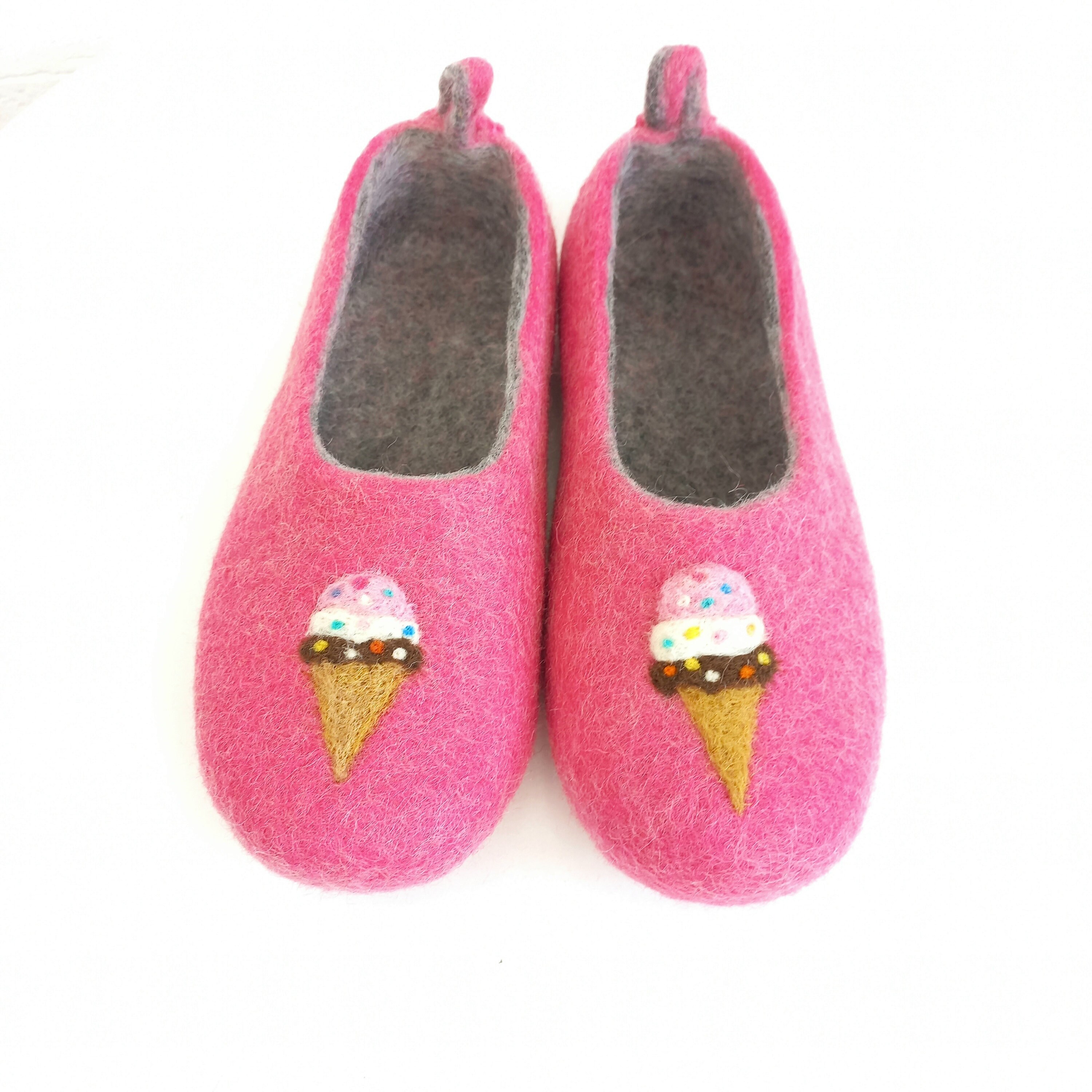 Pink Wool Slippers: Ice Cream Decor, Non-Slip Toddler Shoes