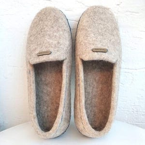 Mens Wool Felt Slippers Soft Bottom. Handmade felt loafers beige for wide fit.