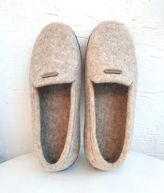 Mens Wool Felt Slippers Soft Bottom. Handmade felt loafers beige for wide fit.