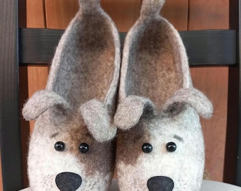 Puppy Felted Wool Slippers for Kids, Handmade House Shoes, Non-Slip Rubber or Leather Sole