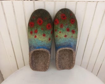 Felted wool slippers: handmade clogs with red flowers, rubber or leather soles