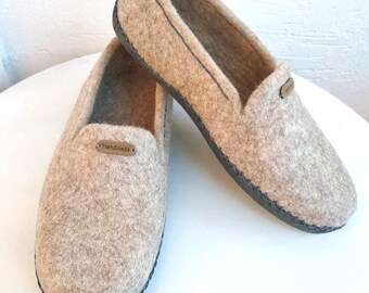Mens Felted Wool Slippers  Leather Sole – Handmade Loafers House Shoes