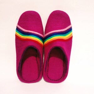 Felted wool slippers women rainbow. 6.5 US women ready to ship. Boiled wool slippers with rubber sole. Christmas gift for her