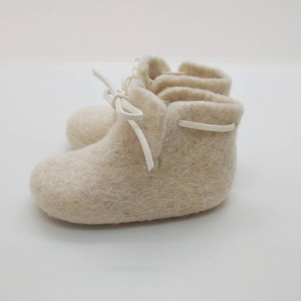 Beige baby booties from merino wool.  Boiled wool baby booties. Felted baby booties. Christening shoes. Baptism shoes unisex