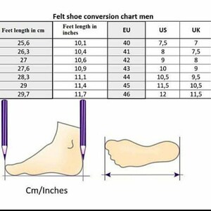 May include: A chart showing men's shoe sizes in centimeters, inches, EU, US, and UK sizes. The chart includes a diagram of a foot with measurements labeled in centimeters and inches.