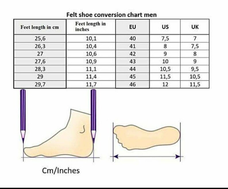 May include: A chart showing men's shoe sizes in centimeters, inches, EU, US, and UK sizes. The chart includes a diagram of a foot with measurements labeled in centimeters and inches.
