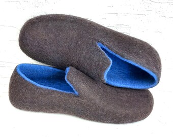 Handmade Felted Wool Slippers Men, Mocha Brown Royal Blue, Leather or Rubber Soles