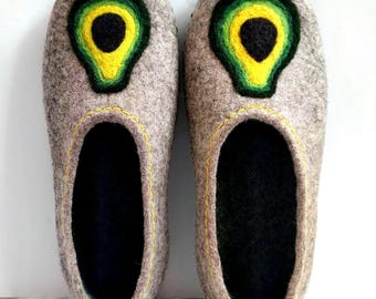 Pantuflas de lana afieltrada con diseño de aguacate para mujer, con suela antideslizante de cuero o goma.