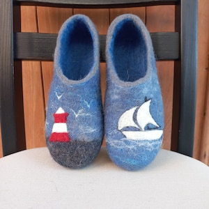 Kids sailboat felted wool slippers for boys and girls. Non slip toddler home slippers.