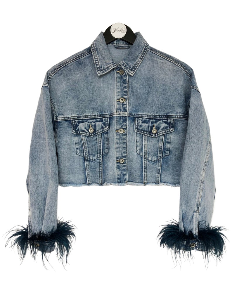 Denim Jacket With Feathers Cropped Woman Jacket Feathers Etsy
