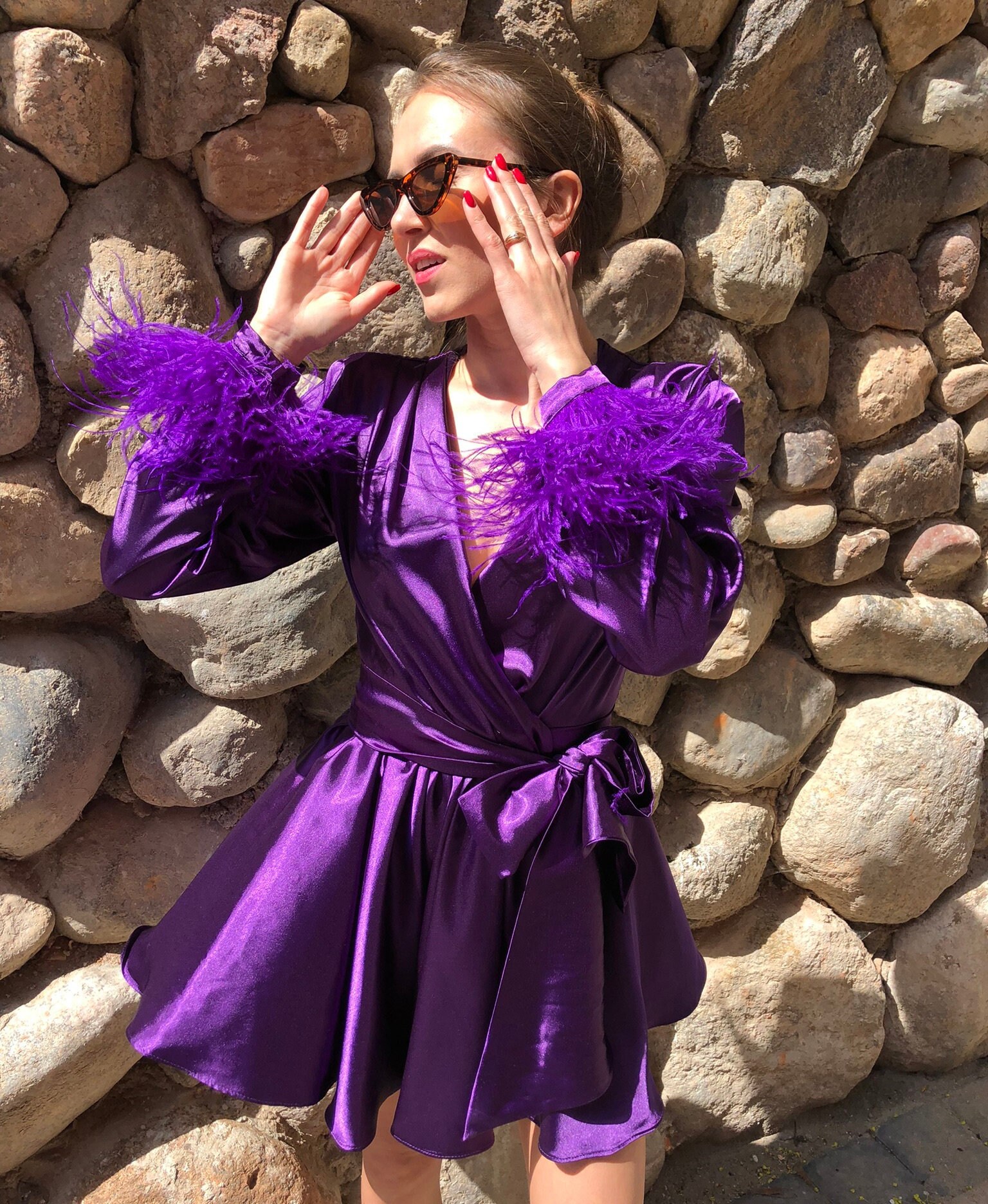 Purple Mini Dress With Feathers Luxury 