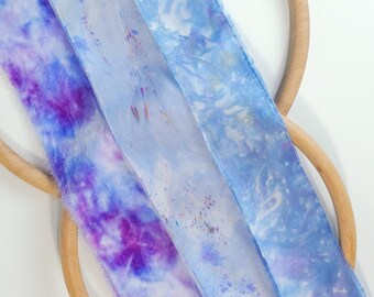 Silk Art Ribbons 》"Hydrangea Blue" 》Hand-dyed Hand Torn Ribbons 》Velvet, Satin