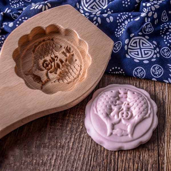 Double Fishes Deliver Blessing--Wooden Baking Mold, Wood Carving Mold, Dough Mold, Traditional Cake Mold, For Rice Cake Bean Cake Etc.