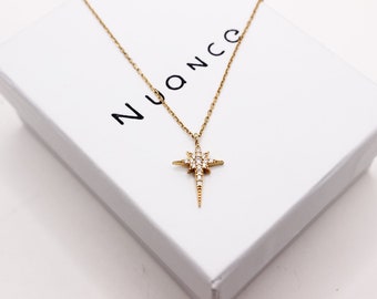 North Star Necklace, Starburst Necklace, Gold Pole Star Necklace, Celestial Necklace, Valentine’s Day Gift, Diamond Star Pendant Necklace