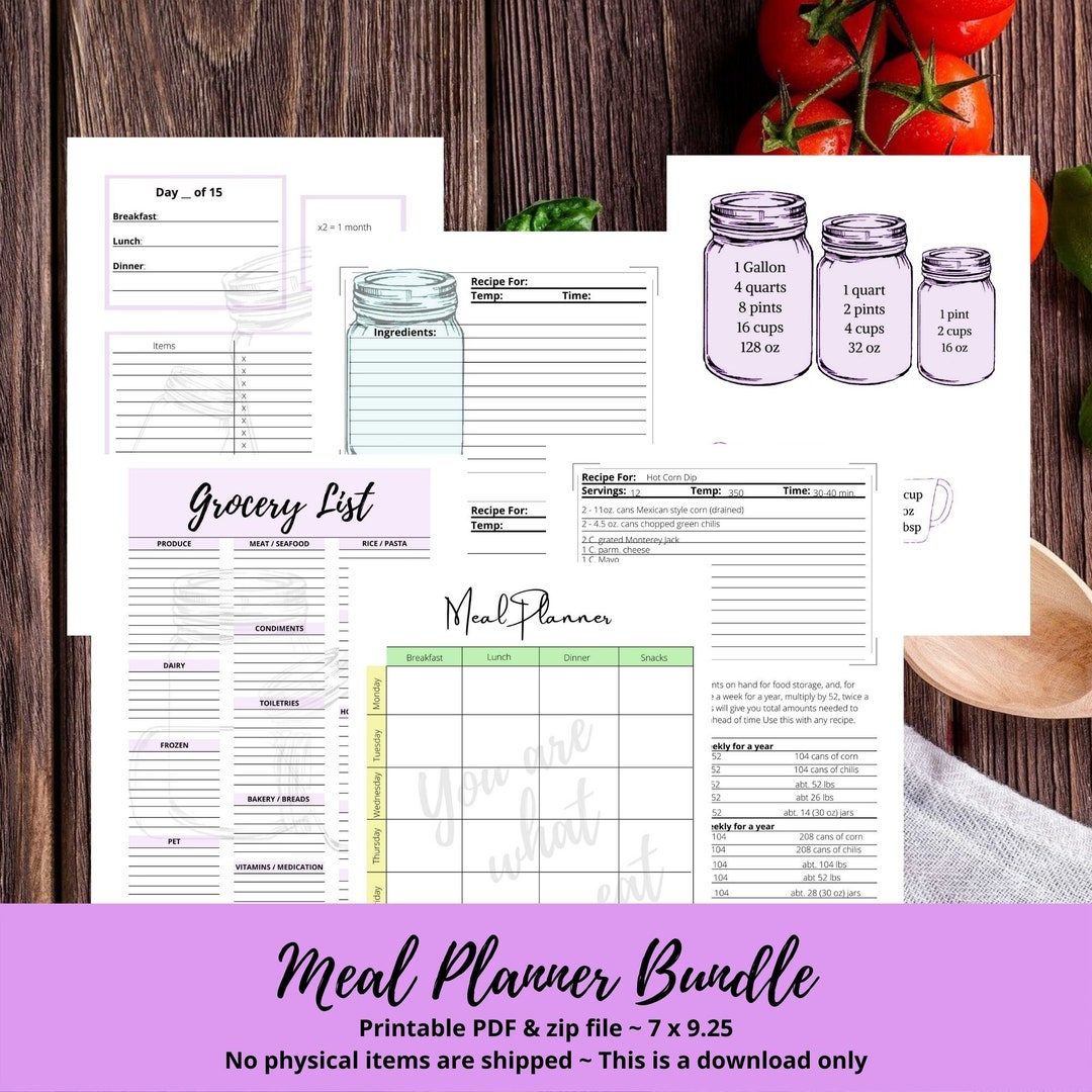 Weekly Planner With Grocery List, Shopping List, Recipe Cards, Food