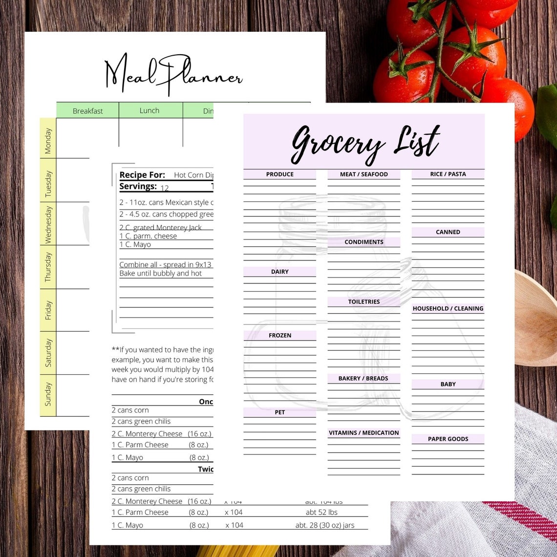 Weekly Planner With Grocery List, Shopping List, Recipe Cards, Food