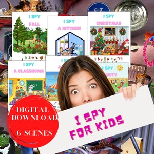 May include: A collection of six "I Spy" activity books for kids, each with a different theme: Fall, a Kitchen, Christmas, a Classroom, and a Party. The words "Digital Download" and "6 Scenes" are also visible.