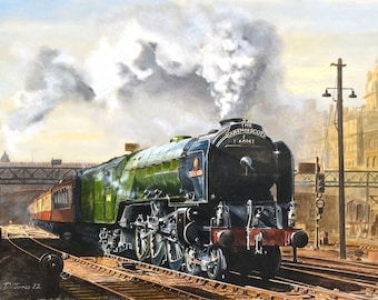 Queen of Scots Steam Engine - North British A1 4-6-2 Steam Locomotive leaving Waverley station - From an original painting by David James