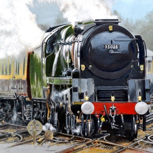 May include: A detailed painting of a black steam locomotive with the number 35028 on the front. The train is on a track with a yellow and green passenger car behind it. White steam billows from the engine.