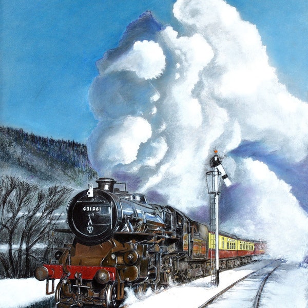 Ivatt mogul 43106 Steam Locomotive Greetings Card  'Steam up on crisp morning' from an original painting by David James