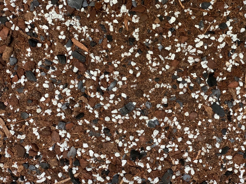 May include: Close-up of a brown soil mixture with white and black pebbles. The soil is used for planting.