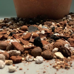 May include: Close-up of a mixture of brown, black, and white soil and rocks. The soil appears to be a blend of potting soil, bark, and small stones.