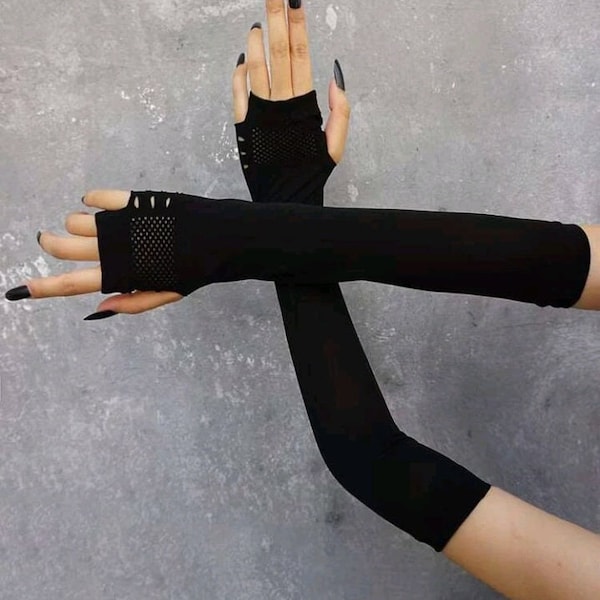 Goth black fingerless gloves long cut out goth Emo style 991