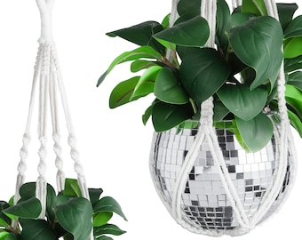 Disco Ball Planter - 6 Inch - Included Macrame Cotton Rope Plant Hanger - Elegant Mirrored Flower Pot with Flat Base & Self Watering Insert