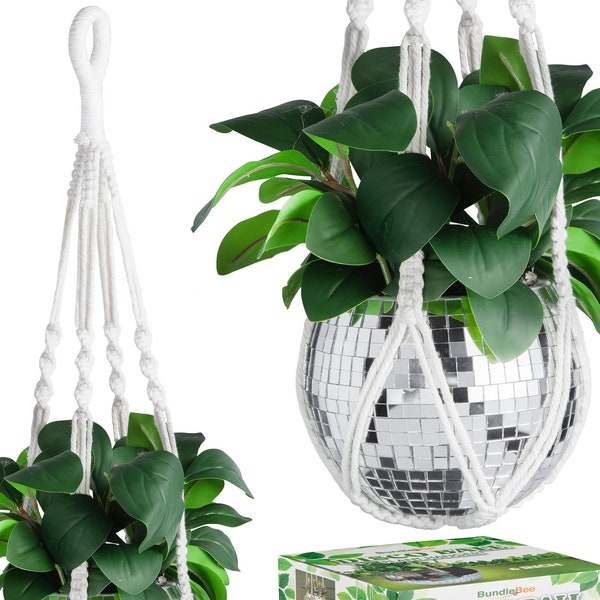 Disco Ball Planter - 6 Inch - Included Macrame Cotton Rope Plant Hanger - Elegant Mirrored Flower Pot with Flat Base & Self Watering Insert