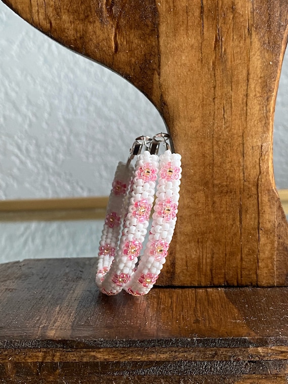 Native American Beaded Hoop Earrings Pink and White, Beaded Hoops