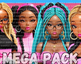 Doll-inspired clipart African American Woman Melanin Magic Braids Instant Download