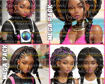 Realistic inspired clipart Melanin Black Women Arts and Crafts Instant download braids dreadlocks dreads colorful braids brown skin