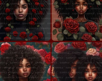 Roses Black Girl Melanin African American Wall Art Decor Clipart Crafting