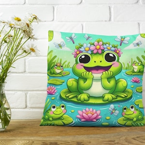 Merry Frog Pillow, Whimsical Green Frog Throw Pillow, Nursery Decor,  Baby Room Design Ideas, Gift for Baby shower,  Square Pillow - 4 sizes