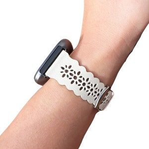 Fitbit Versa 3 Strap, Cute Band for Fitbit Sense, Chic Lace Leather Replacement Strap for Fitbit Watch Off White Gray Pink Blue Black Strap