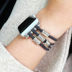 Beaded Stretch Elastic Apple Watch Band, Black Multi Strand Apple Watch Bracelet with Vintage Beads, iWatch strap 38 40 41 42 44 45