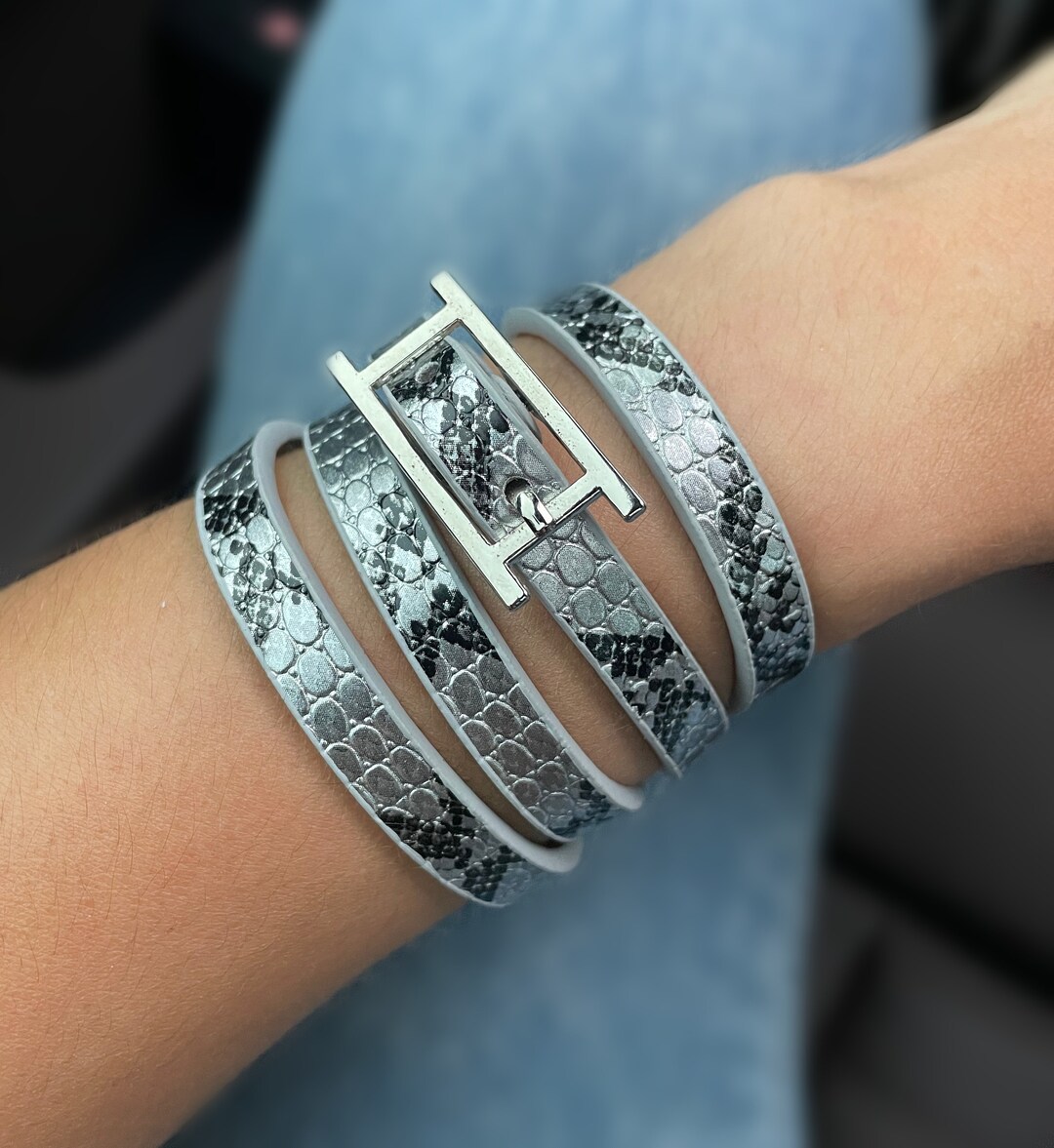 Sliver Snake Skin Pattern Silver Snake Skin Pattern Layered Bracelet, Fashion Wrap Cuff, Unisex ...