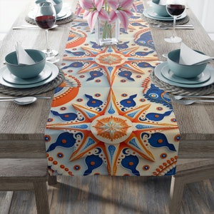 Marine Table Runner, Nautical Kitchen Decor, Orange Blue Star Design Table Cloth, Beach House Decor, Boat Decor, Coastal Table Runner