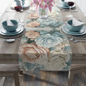 Pastel Roses Table Runner, Water Color Floral Design, Elegant Dining Setting, Fashion Table Decor, Boho Chic Table Runner, 72 or 90