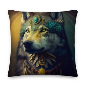 May include: A wolf with a golden crown and turquoise feathers, wearing a necklace with a gold coin pendant. The wolf has a golden background with a circle around it.